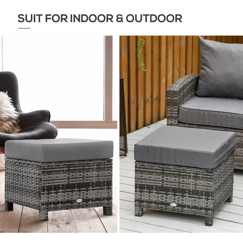 Gray woven rattan ottoman with metal frame and matching cushion offering extra seating for outdoor patio or garden use