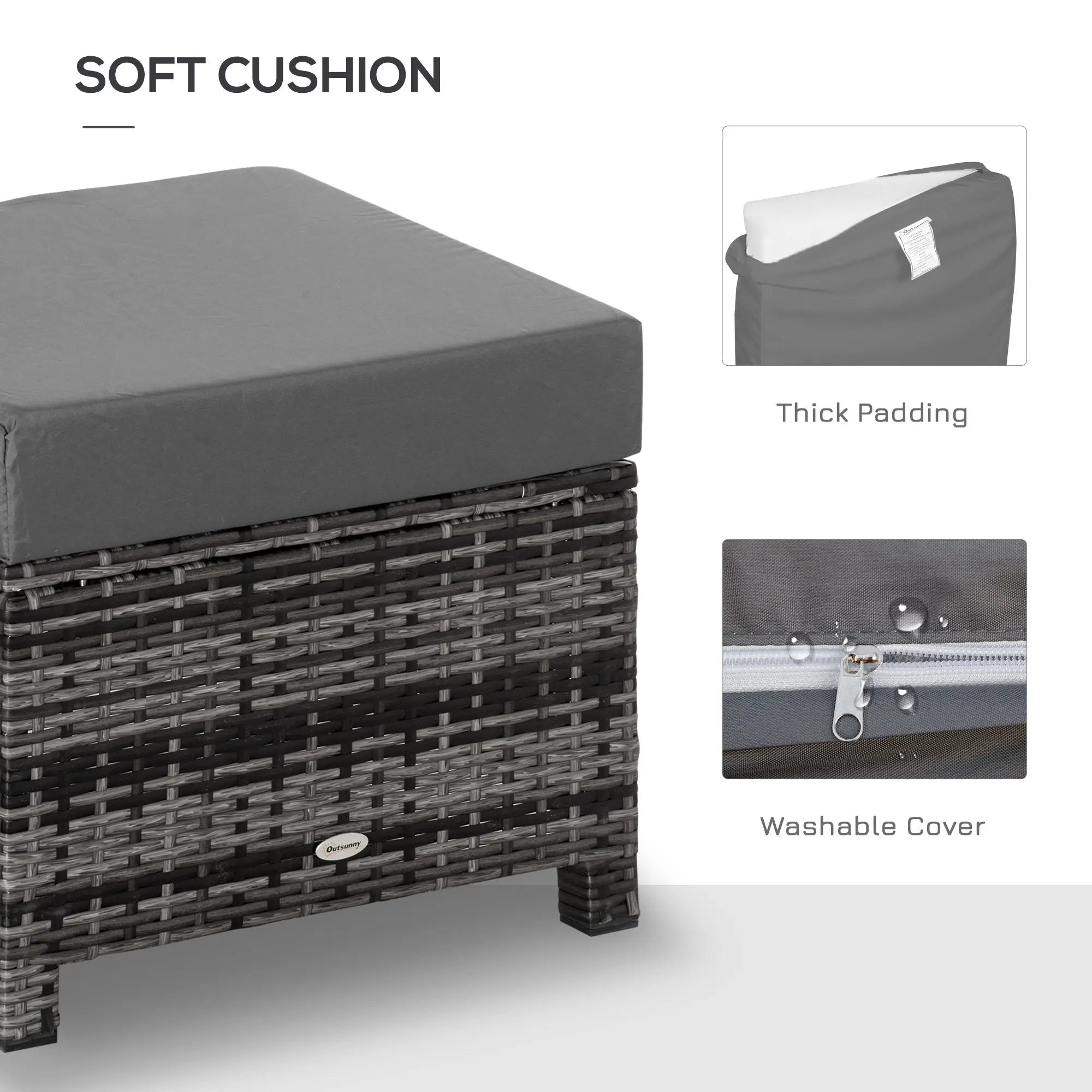 Gray woven wicker ottoman with soft cushion and metal frame for extra seating in outdoor patio or garden spaces