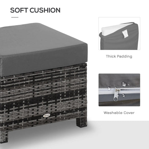 Gray woven wicker ottoman with soft cushion and metal frame for extra seating in outdoor patio or garden spaces