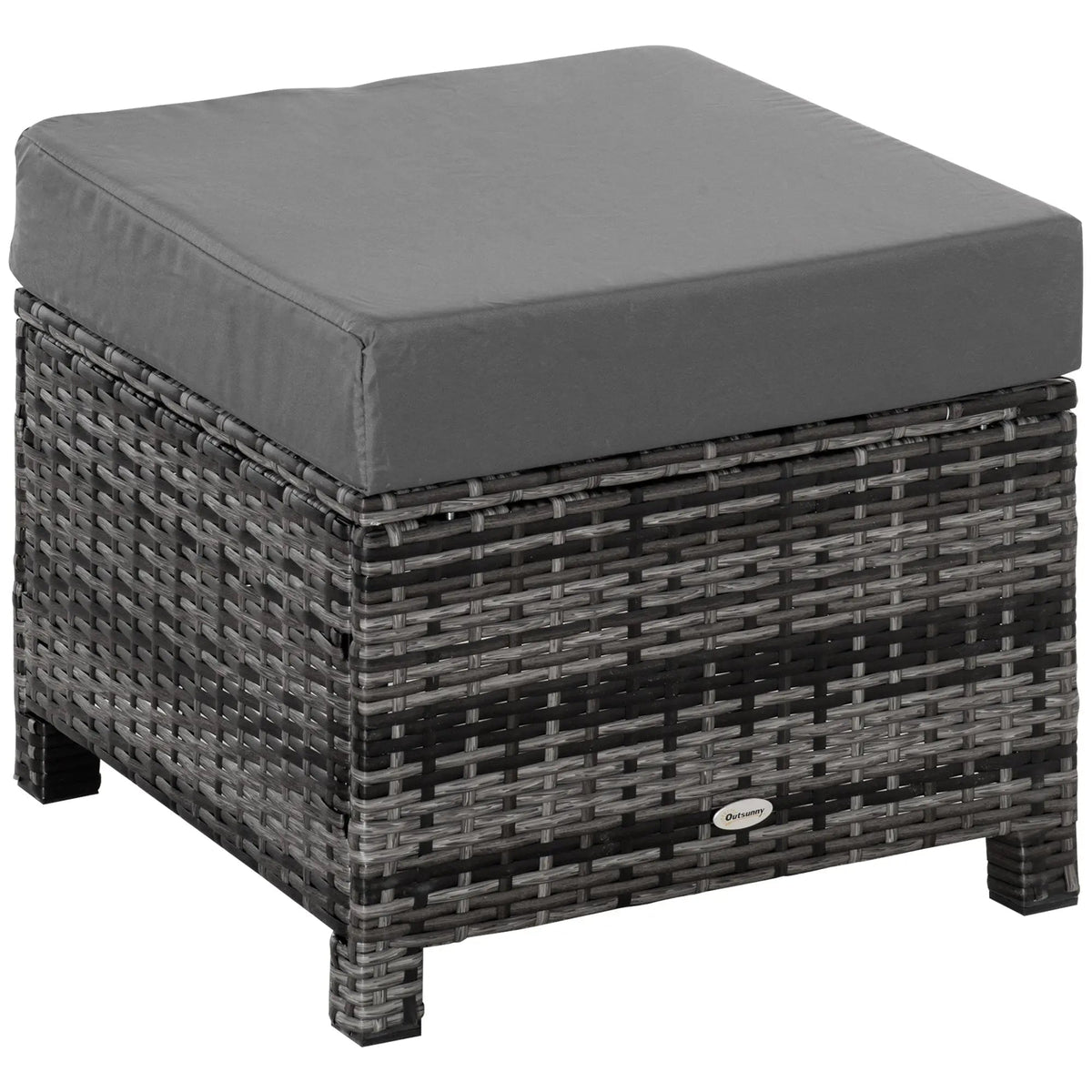 Gray cushioned outdoor ottoman with woven dark gray wicker frame metal frame for extra seating in garden or poolside