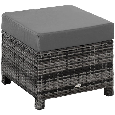 Gray cushioned outdoor ottoman with woven dark gray wicker frame metal frame for extra seating in garden or poolside