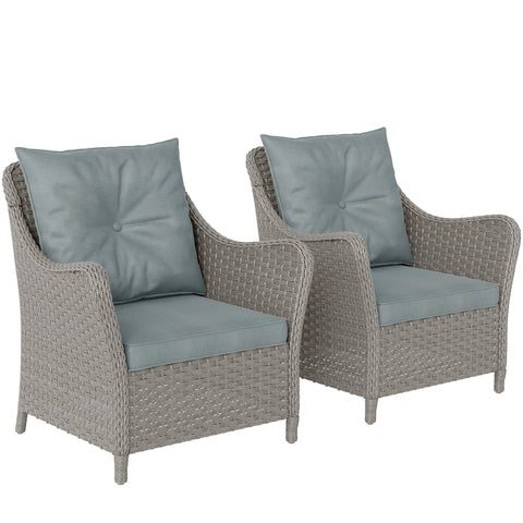 Gray wicker rattan garden armchairs with steel frame and light blue seat cushions for outdoor porch seating