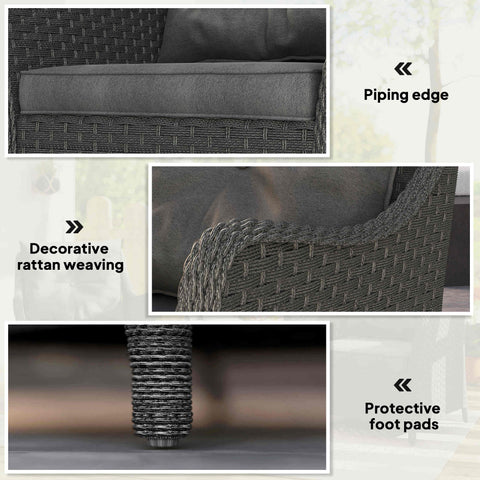 Dark gray woven rattan garden armchair with steel frame and matching seat cushion perfect for outdoor use