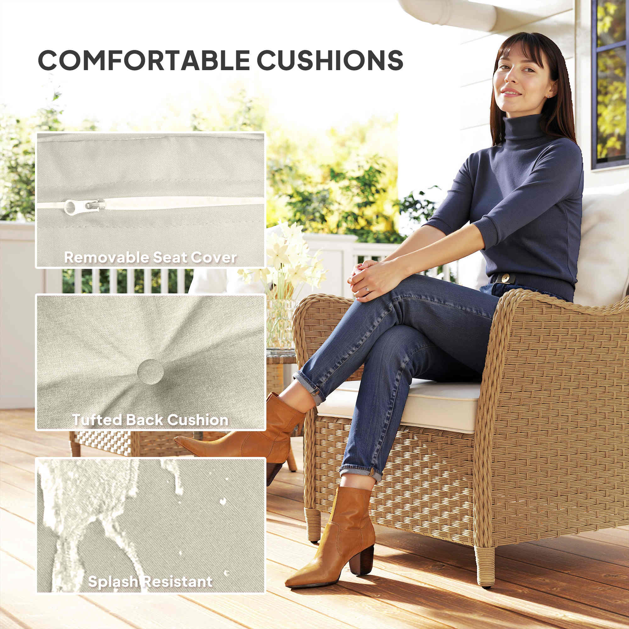 Beige rattan garden armchair with steel frame and white seat cushion perfect for outdoor porch or balcony seating