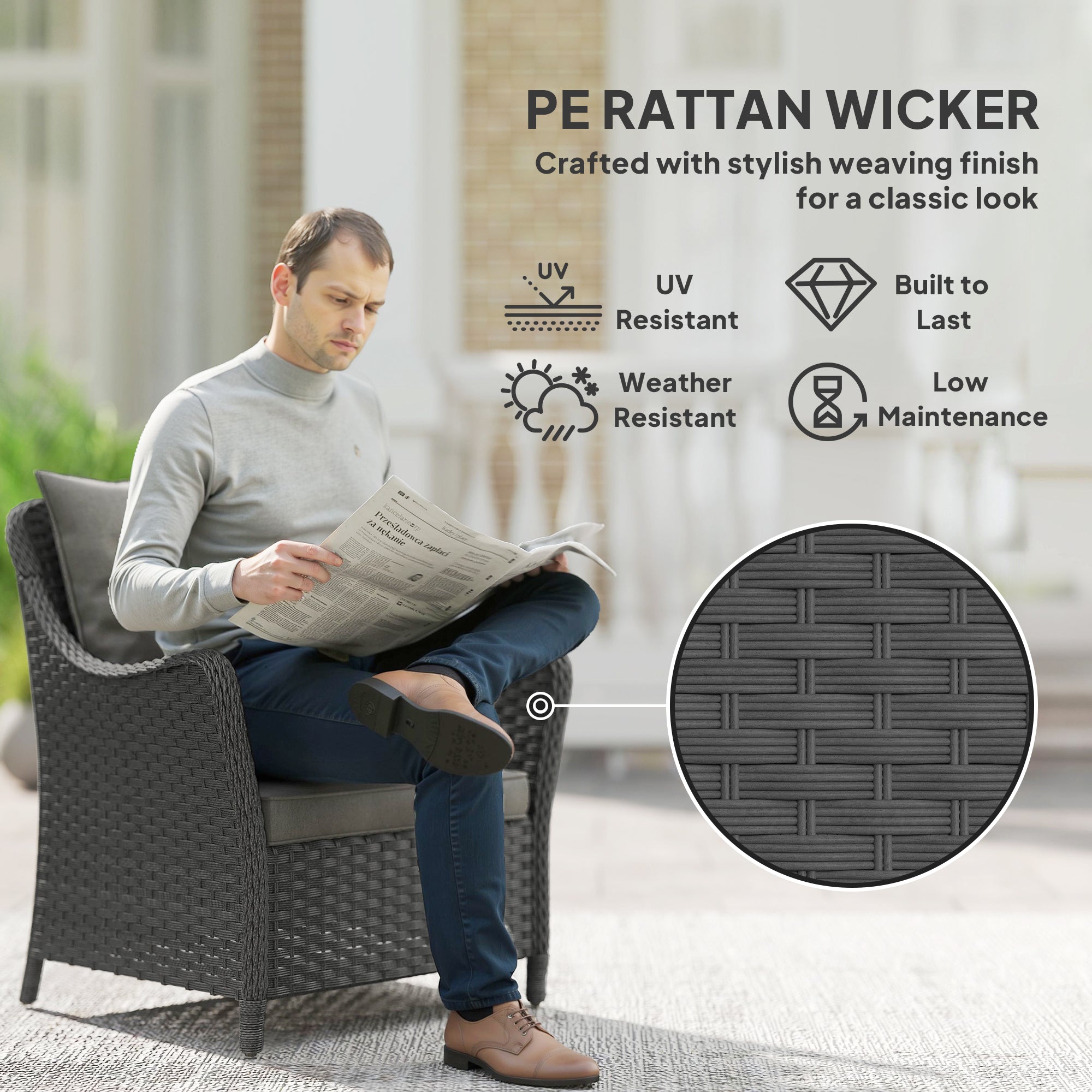 Dark gray pe rattan garden armchair with steel frame seat cushion and classic woven pattern for outdoor use