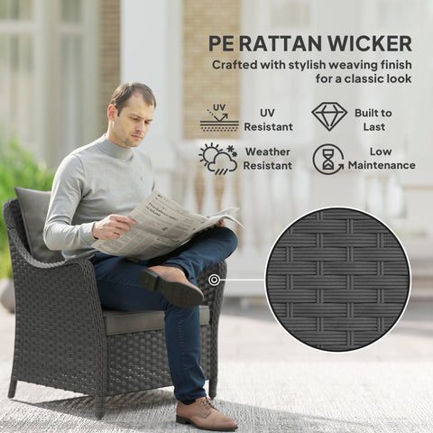 Dark gray pe rattan garden armchair with steel frame seat cushion and classic woven pattern for outdoor use