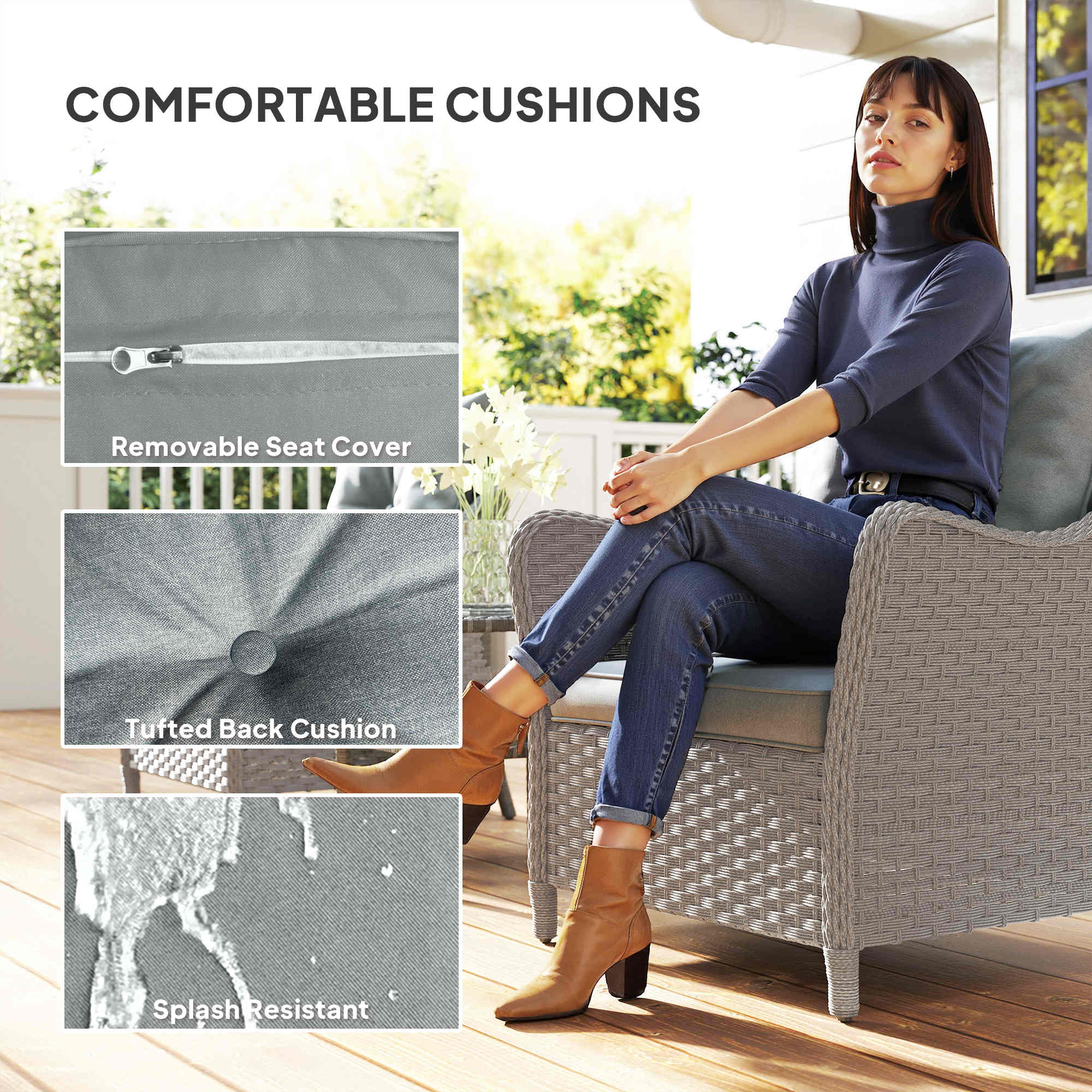 Gray wicker outdoor armchair with removable seat cushion and steel frame in rattan garden set for balcony or porch