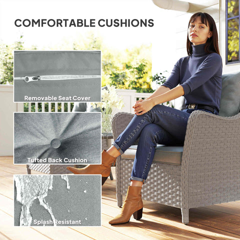 Gray wicker outdoor armchair with removable seat cushion and steel frame in rattan garden set for balcony or porch