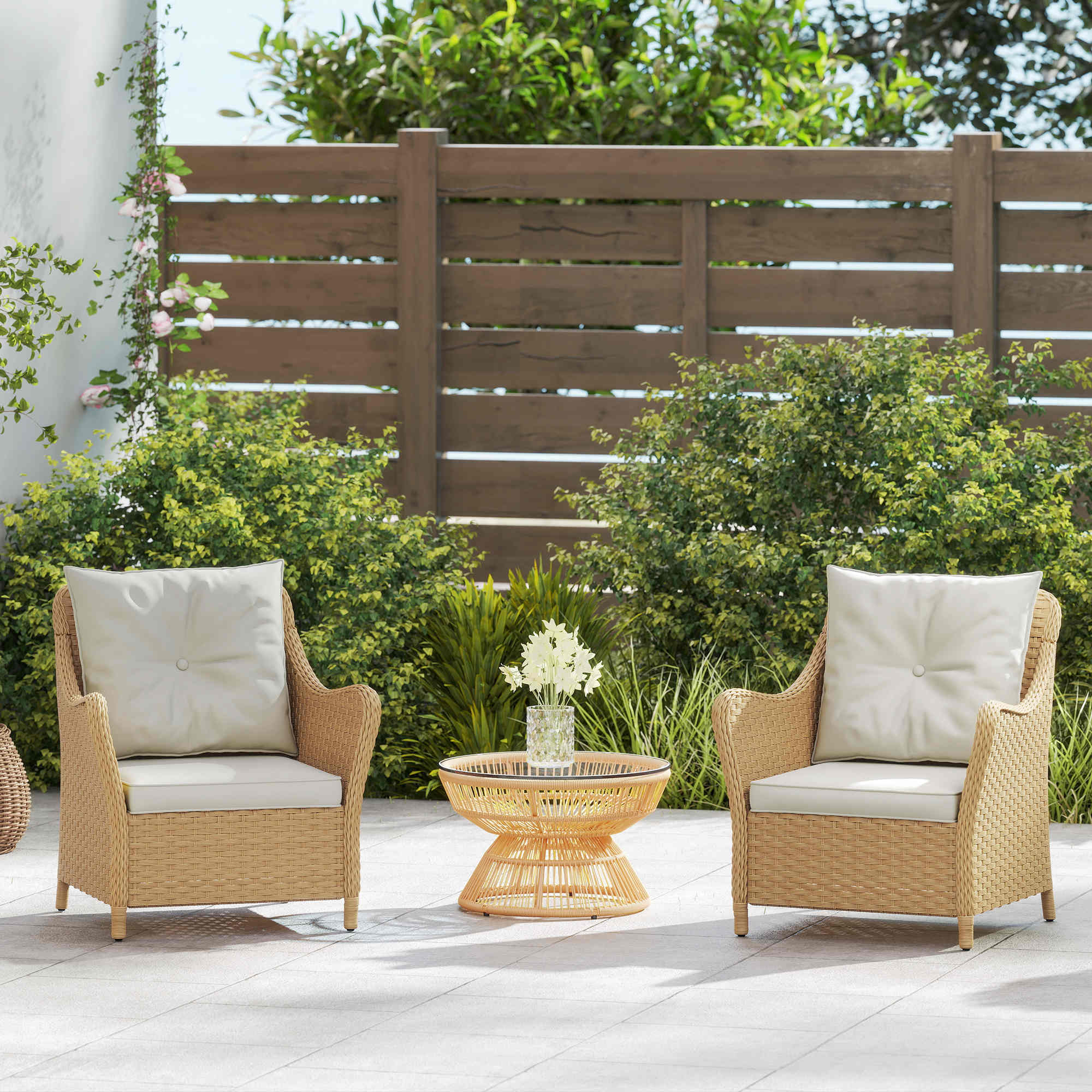 Outsunny rattan garden chairs set of 2 with steel frame and beige seat cushions plus matching wicker coffee table