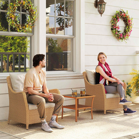 Woven rattan garden chairs set of 2 with beige seat cushions steel frame and wooden legs for outdoor patio use