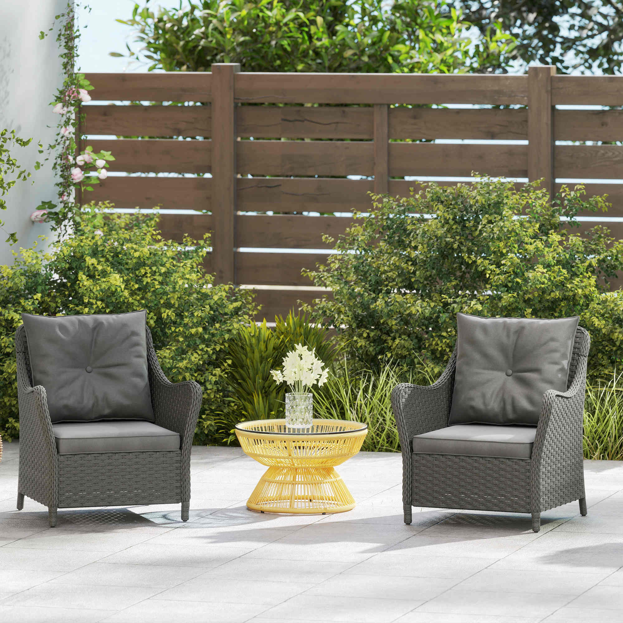 Gray wicker rattan garden chairs set of 2 with steel frame and dark gray seat cushions for balcony or porch use