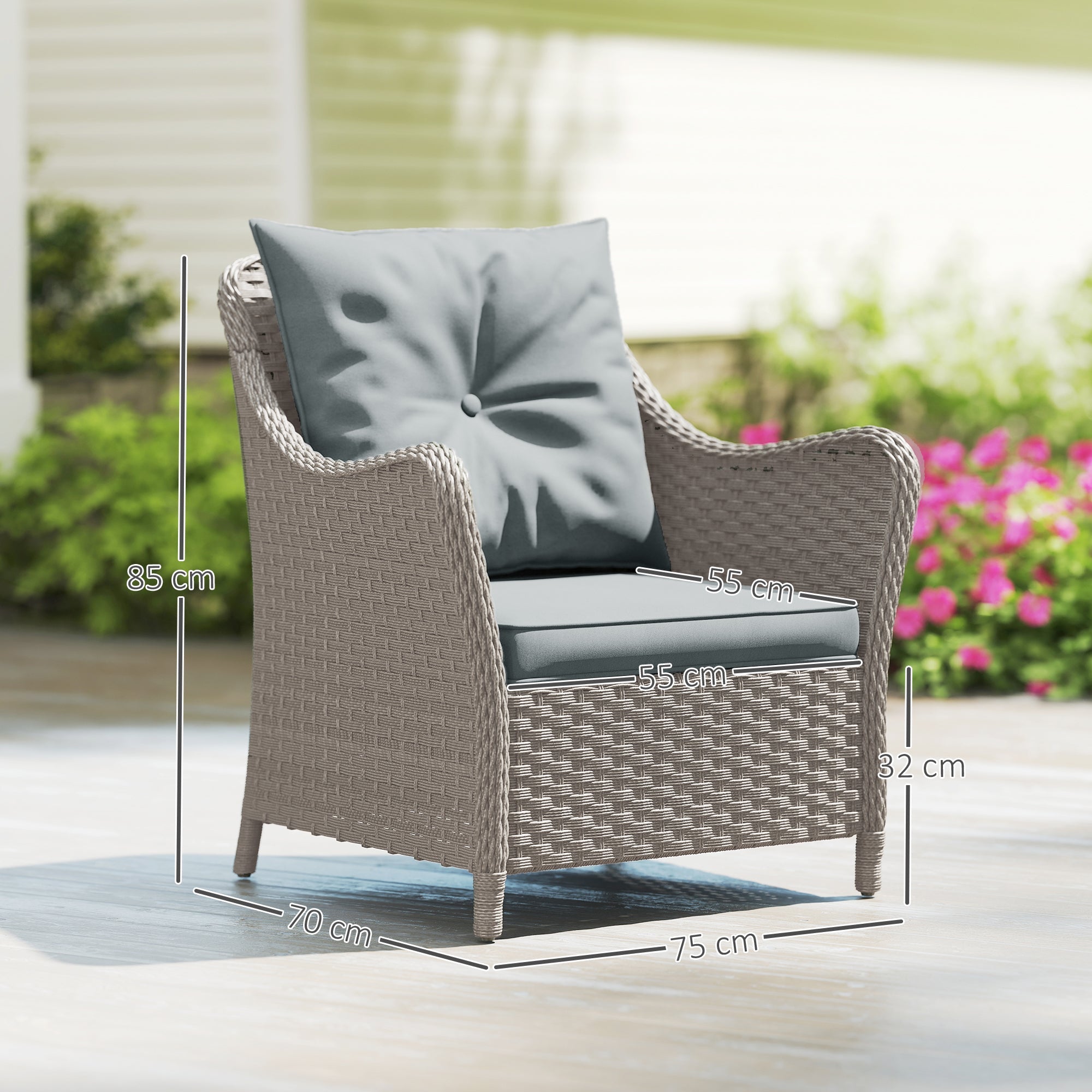 Gray woven rattan garden armchair with steel frame and matching seat cushion for outdoor balcony or porch seating