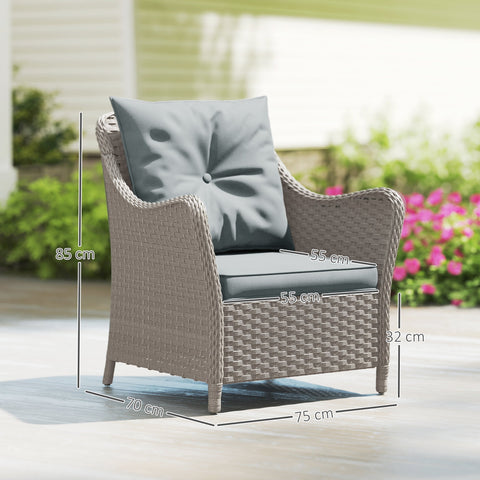 Gray woven rattan garden armchair with steel frame and matching seat cushion for outdoor balcony or porch seating
