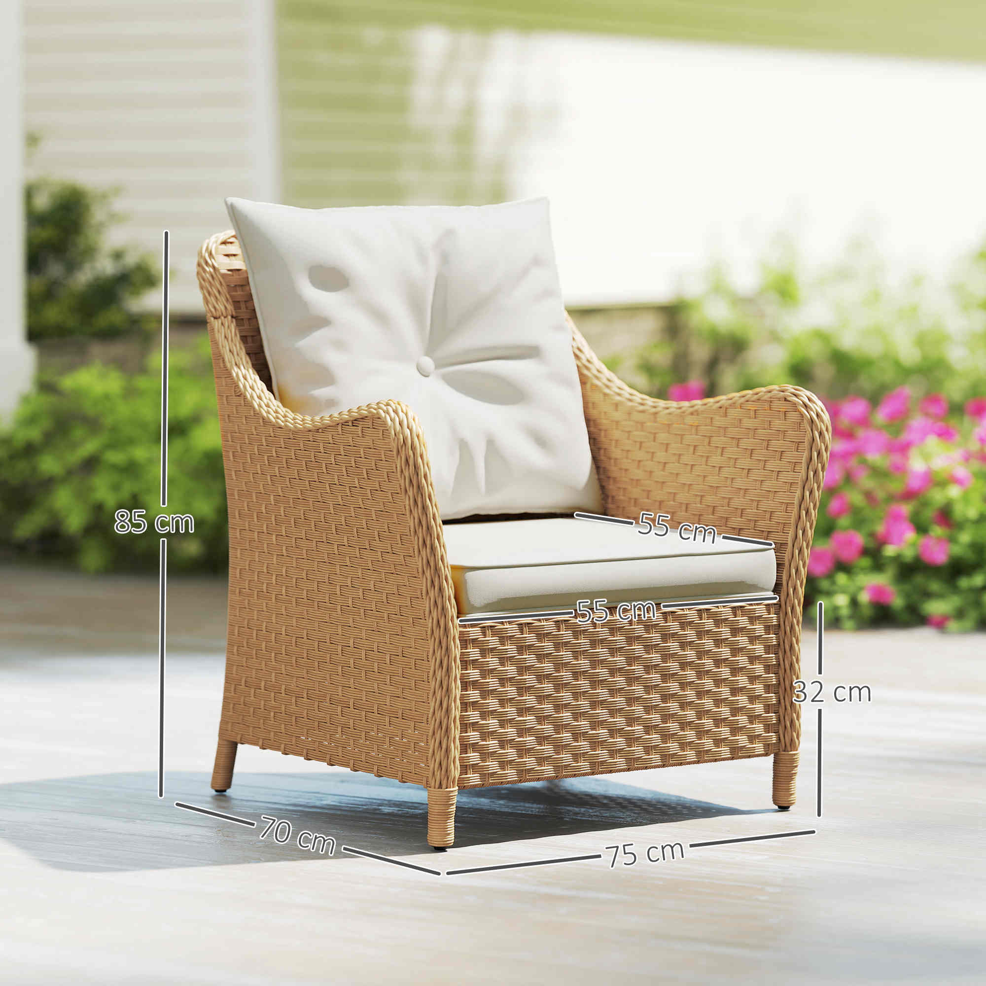 Beige woven rattan garden armchair with white seat cushion and steel frame perfect for outdoor use