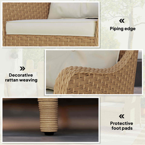 Beige woven rattan garden sofa with white seat cushion and decorative piping on steel frame for outdoor use