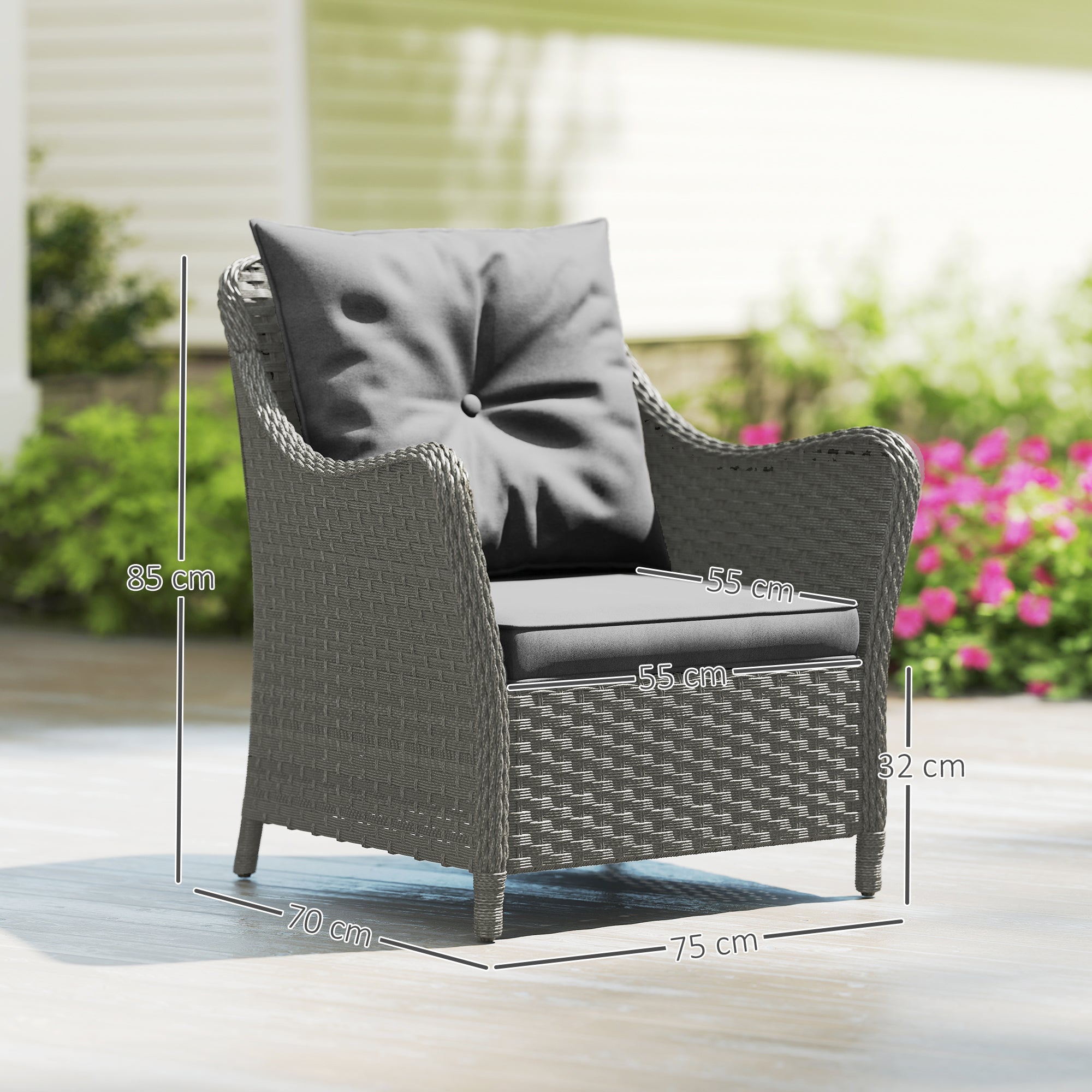 Gray wicker rattan garden armchair with steel frame and tufted seat cushion for outdoor balcony or porch use