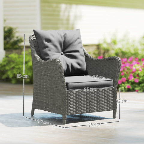 Gray wicker rattan garden armchair with steel frame and tufted seat cushion for outdoor balcony or porch use