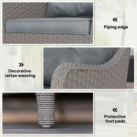 Gray woven rattan garden sofa with steel frame and gray seat cushions featuring decorative piping for outdoor use
