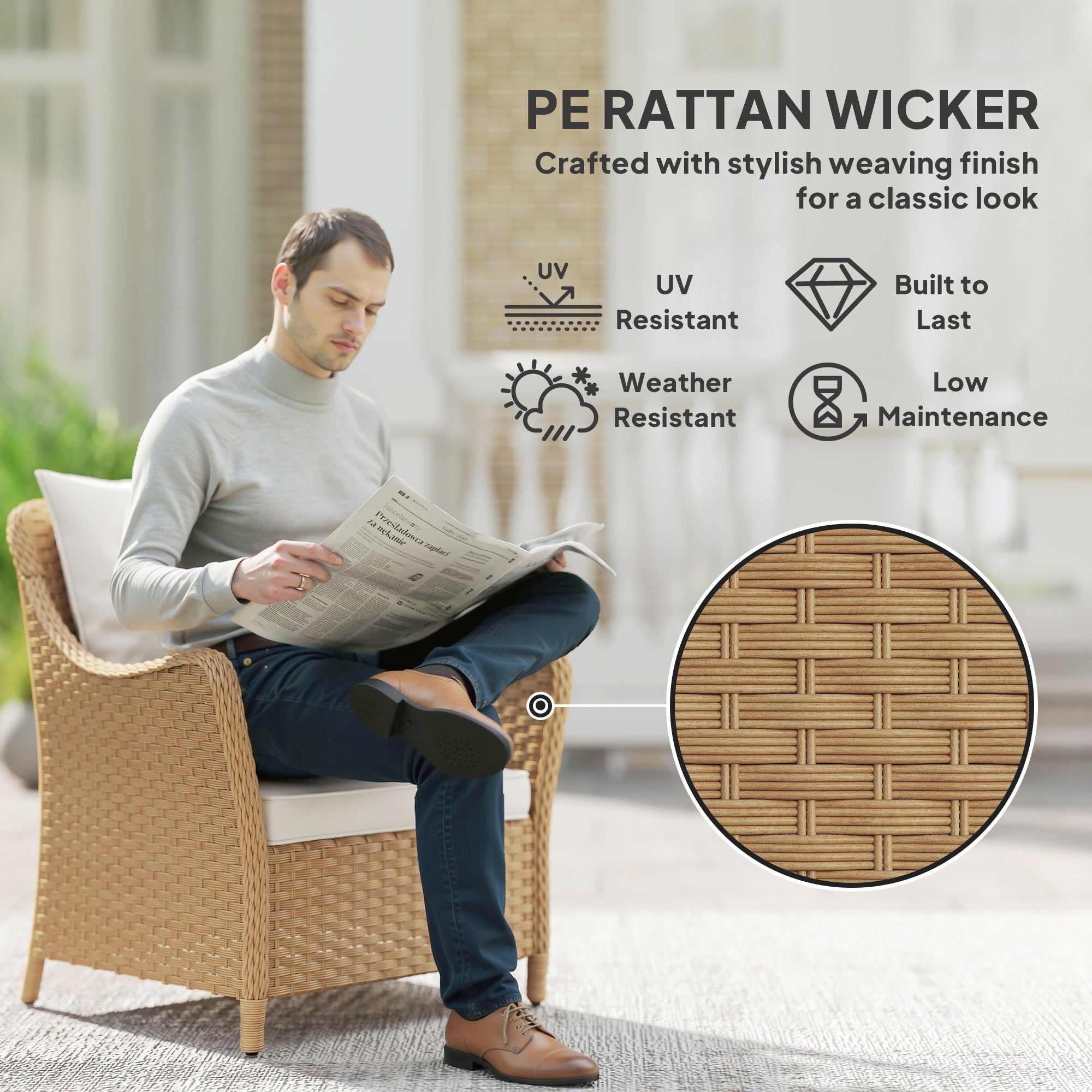 Beige pe rattan garden armchair with steel frame and seat cushion featuring a classic woven design for outdoor use