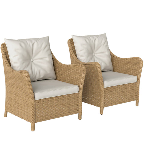 Pair of beige rattan garden armchairs with cream seat cushion and steel frame perfect for balcony or porch seating