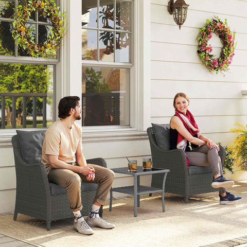 Dark gray woven rattan garden chairs set of 2 with steel frame and black seat cushions perfect for outdoor patio