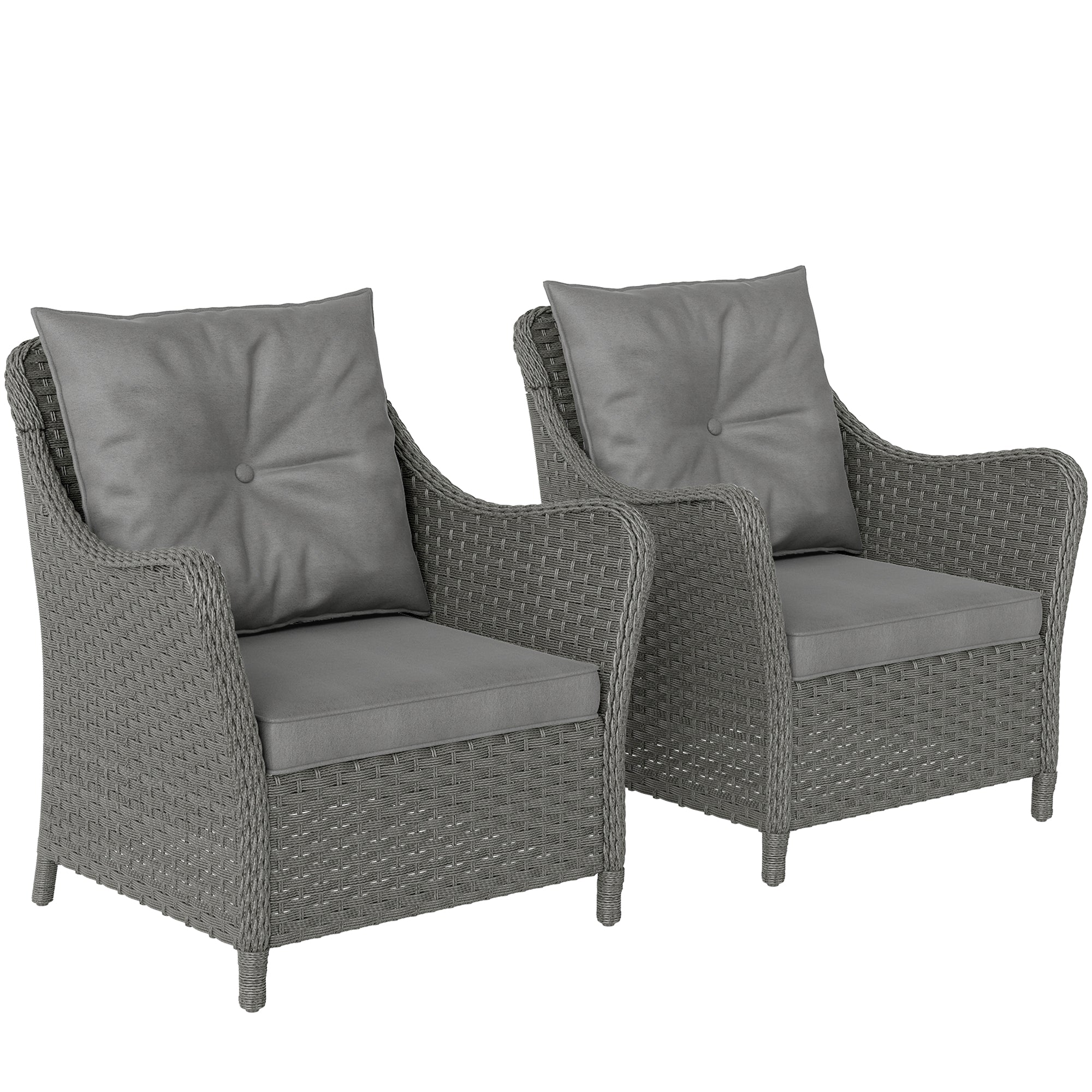 Gray wicker rattan garden armchairs set of 2 with steel frame and gray seat cushions for outdoor balcony or porch use