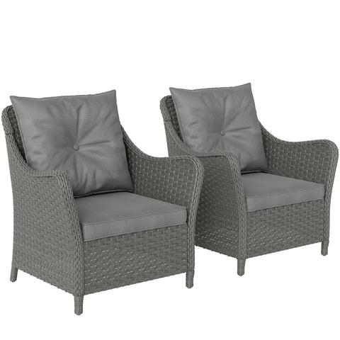 Gray wicker rattan garden armchairs set of 2 with steel frame and gray seat cushions for outdoor balcony or porch use