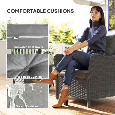Gray rattan garden armchair set with steel frame and removable seat cushion perfect for outdoor patios and porches