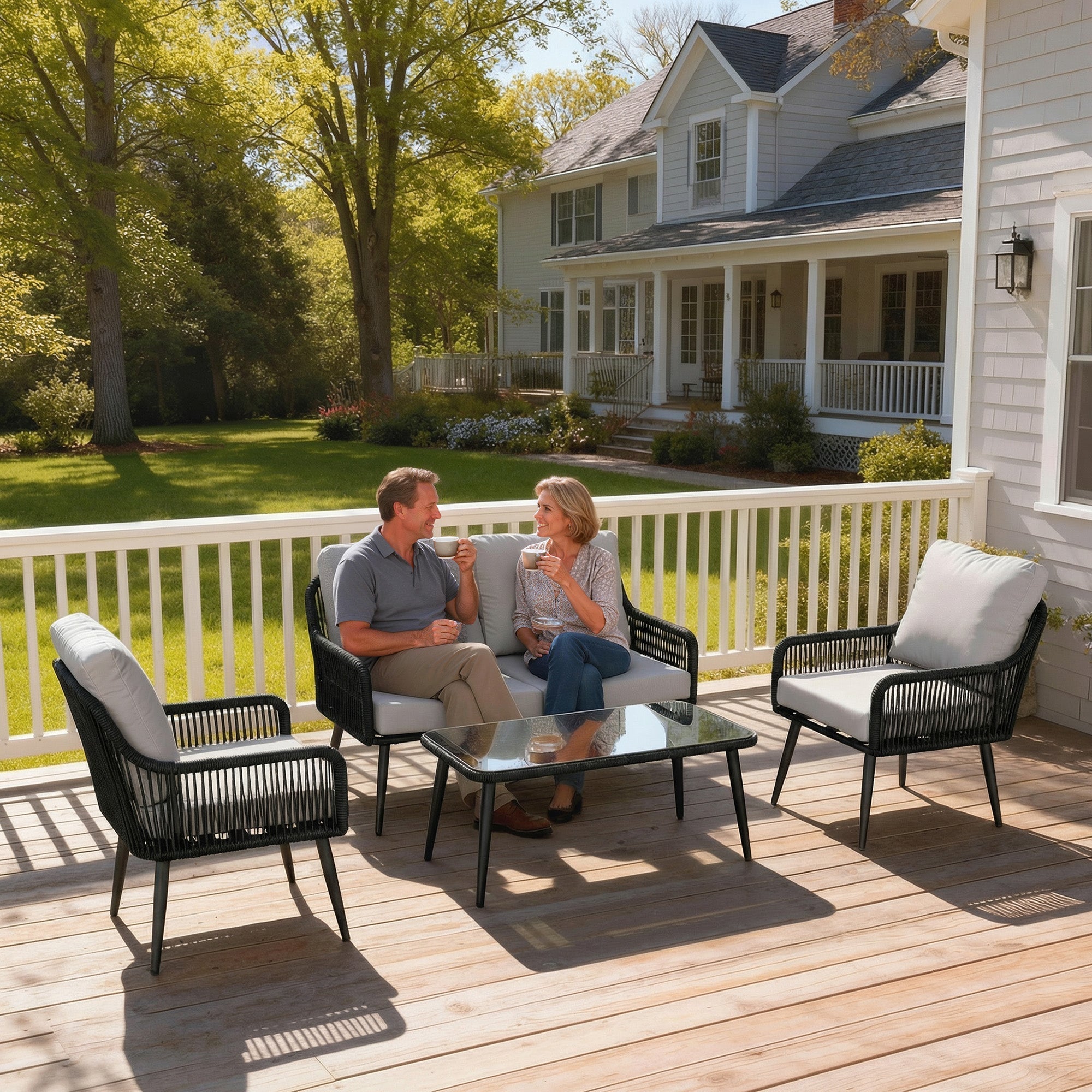 Black woven rattan outdoor patio set with light gray cushions and tempered glass table 68d x 75h for garden or balcony