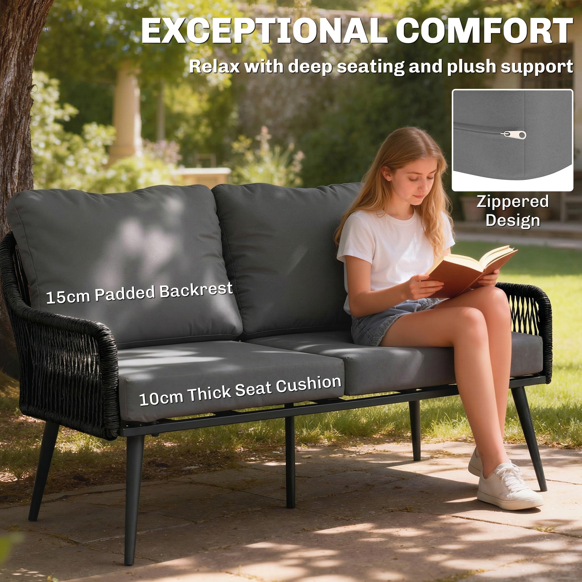 Black wicker outdoor sofa with plush gray cushions and zippered design part of outsunny rattan set with tempered glass table 68d x 75h