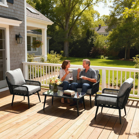Outsunny black woven resin outdoor patio set with gray cushions and tempered glass table 68d x 75h for garden use