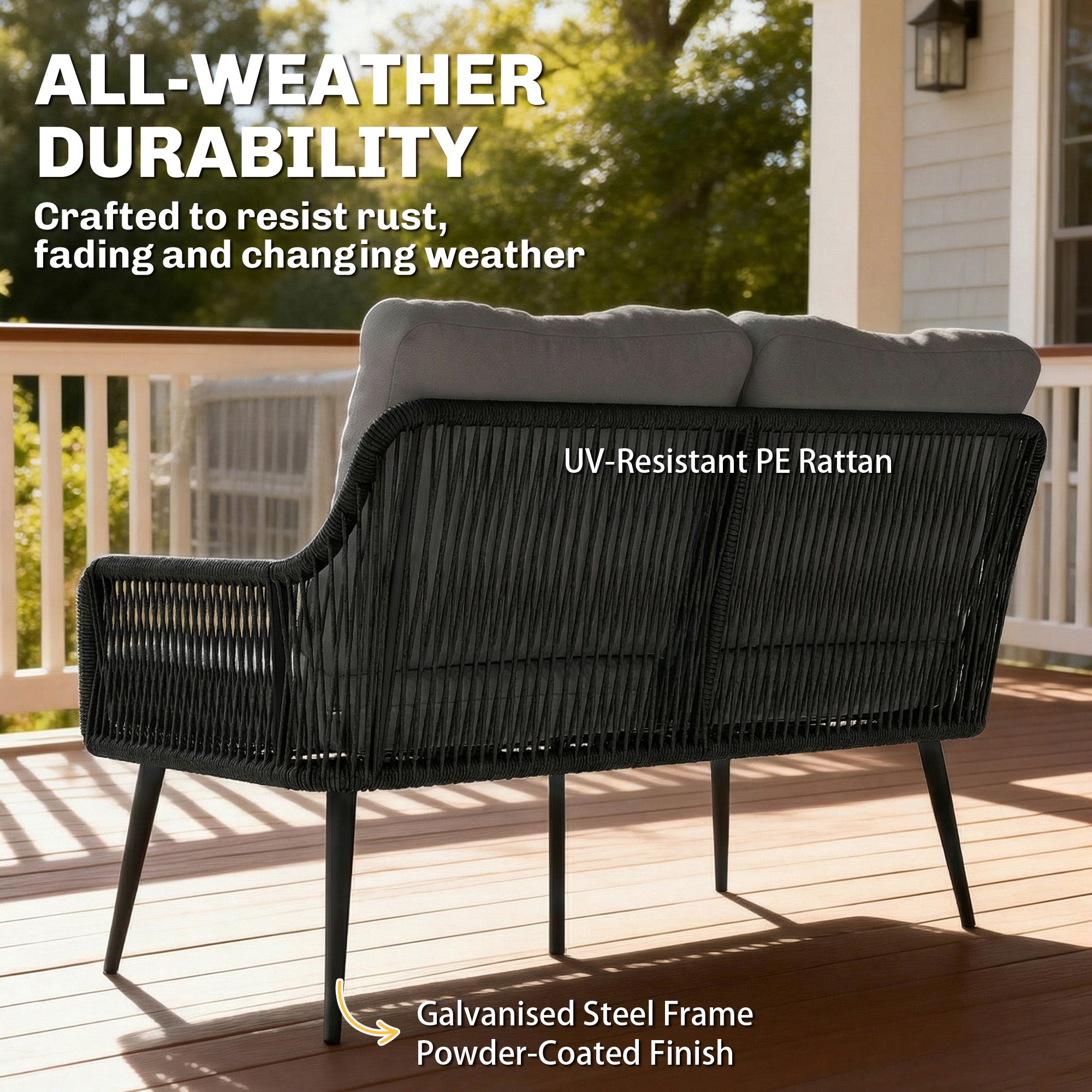 Black outdoor bench with woven uv-resistant pe rattan frame and galvanized steel legs in outsunny rattan set with tempered glass table 68d x 75h