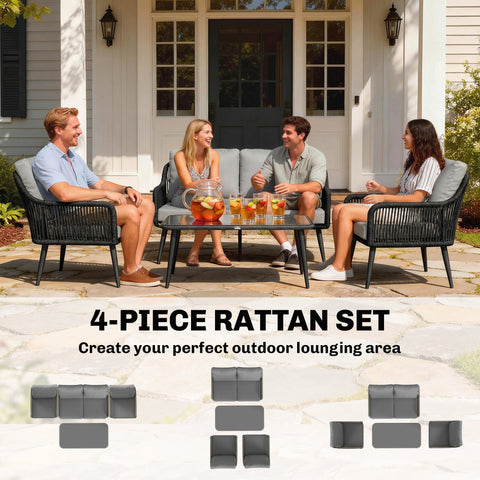 Black woven rattan outsunny outdoor furniture set with gray cushions and a 68d x 75h tempered glass table