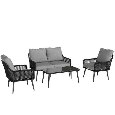 Outsunny black woven rattan outdoor furniture set with gray cushions and tempered glass table 68d x 75h