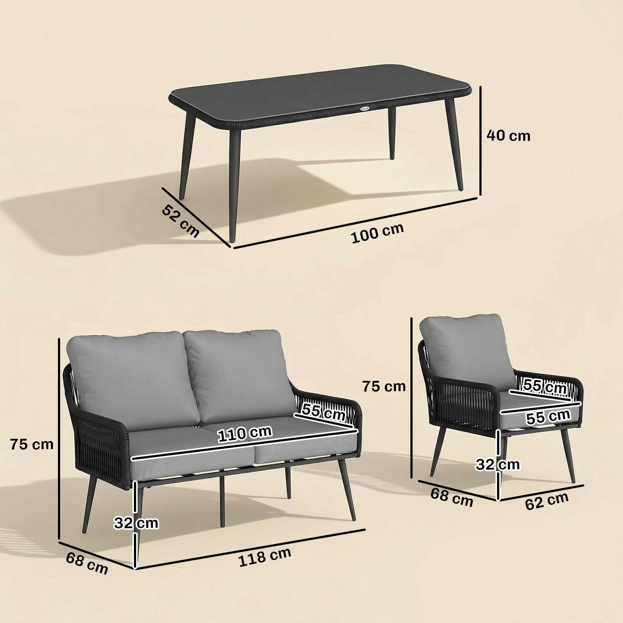 Outsunny black woven resin outdoor dining set with gray cushions and tempered glass table 68d x 75h