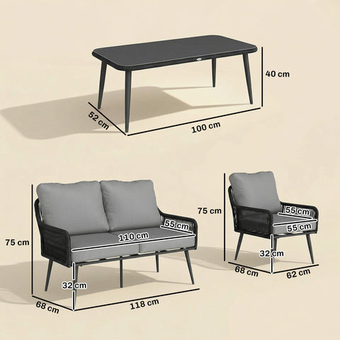 Outsunny black woven resin outdoor dining set with gray cushions and tempered glass table 68d x 75h