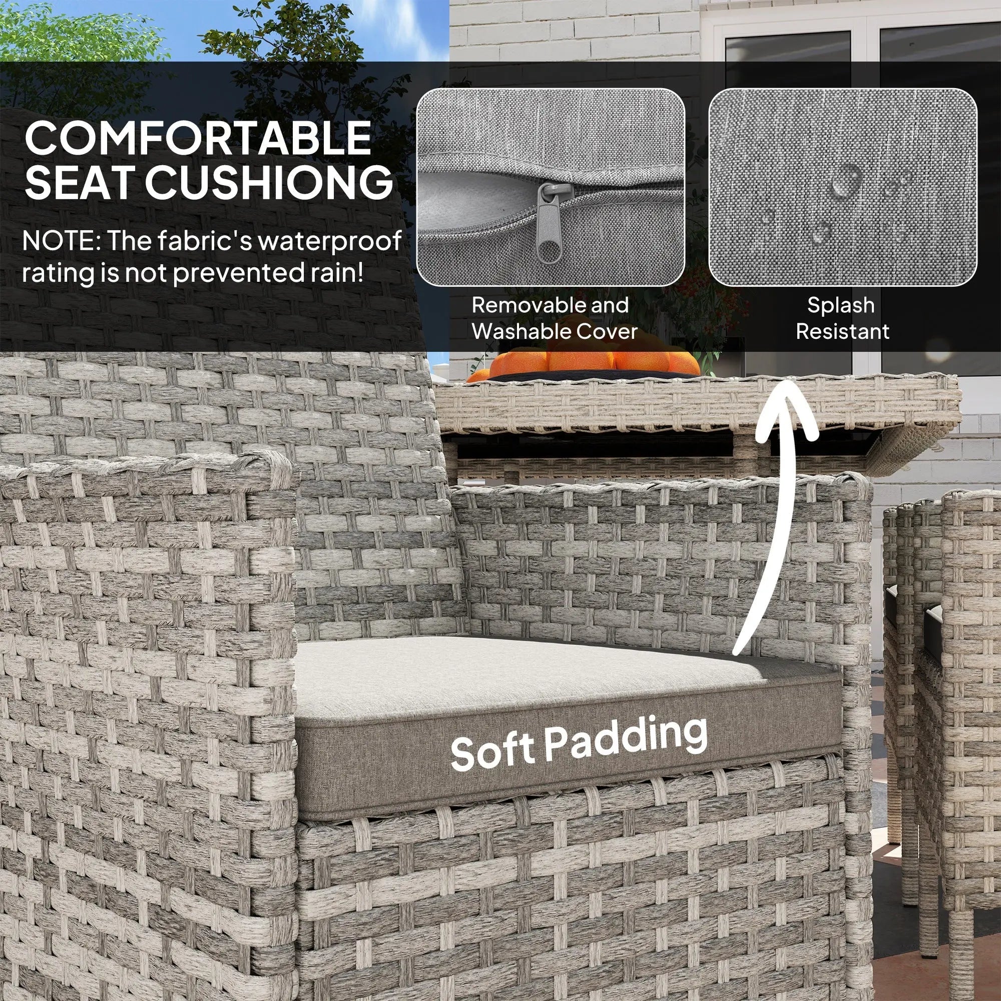 Gray woven wicker outdoor armchair with removable washable cushion part of outsunny six chairs outdoor dining set with tempered glass table