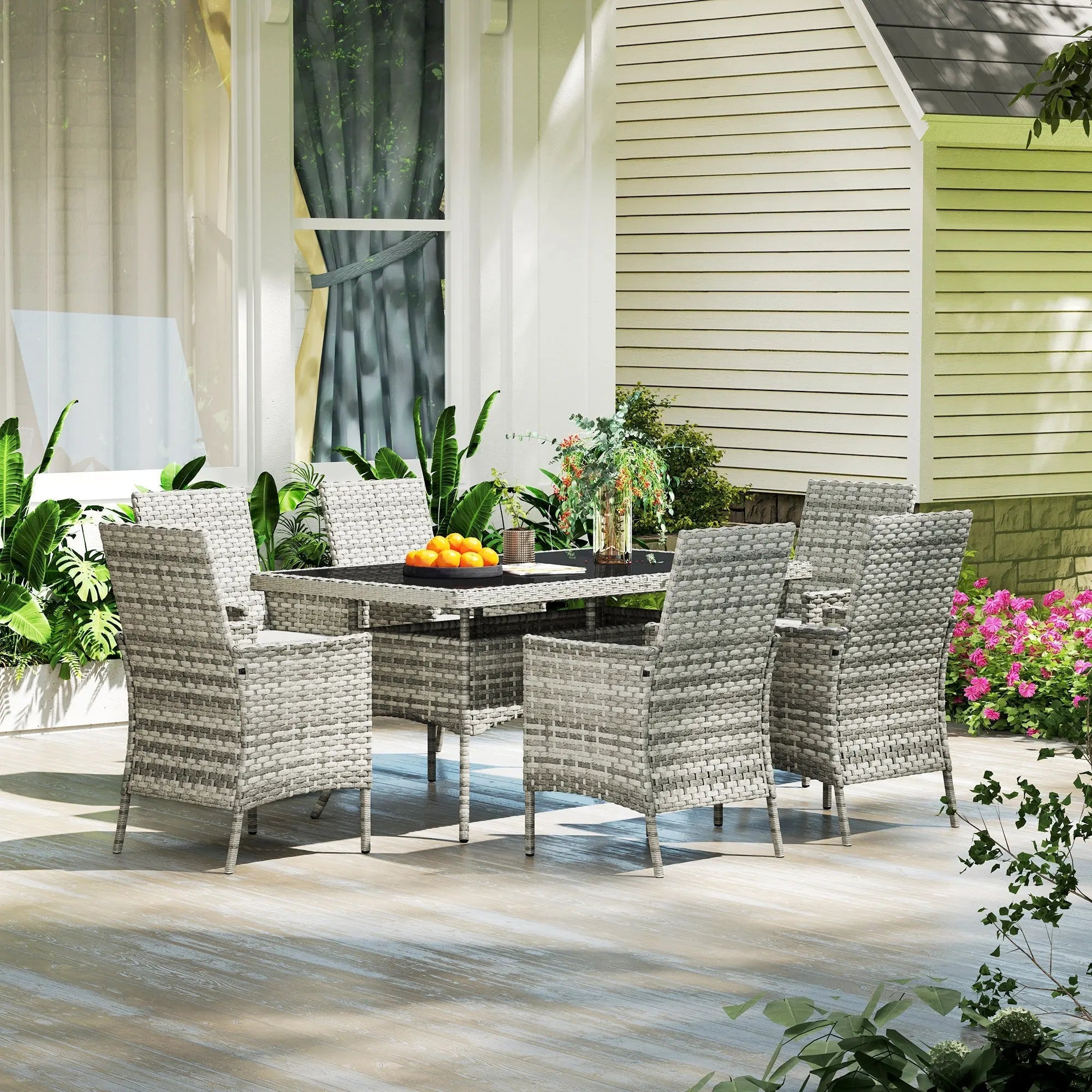 Gray woven wicker outdoor dining set with tempered glass table and six chairs from outsunny for patio use