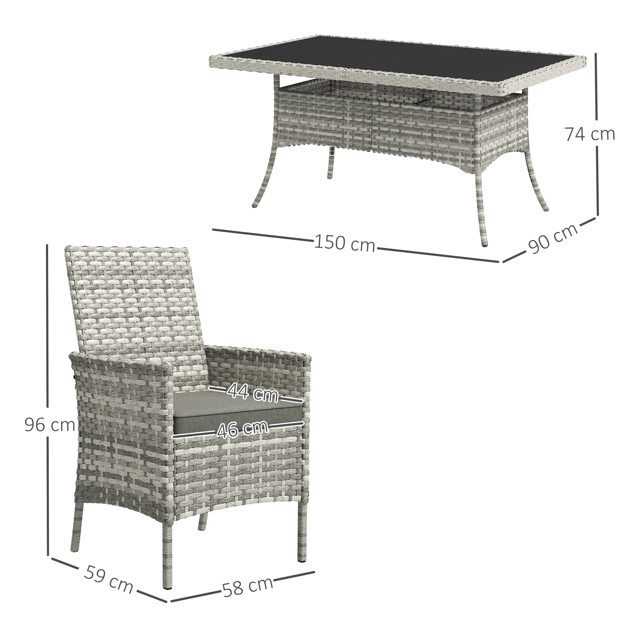 Outsunny gray woven wicker outdoor dining set with tempered glass table and six chairs made from synthetic rattan