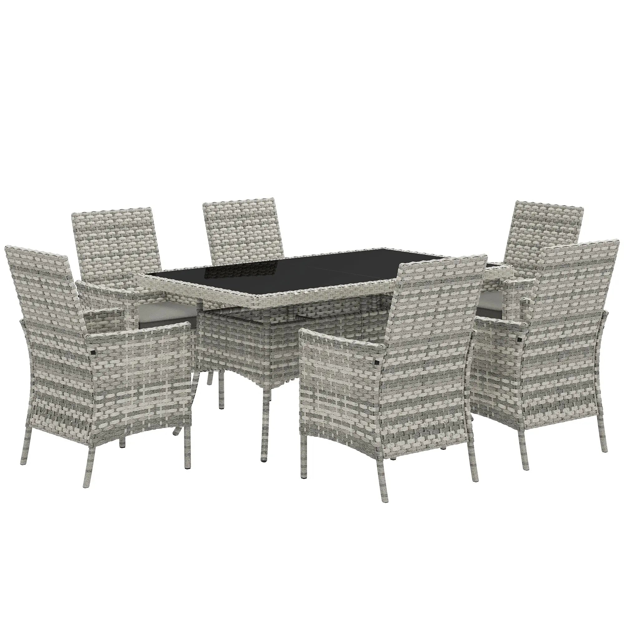 Outsunny six chairs outdoor dining set with gray woven wicker and a 150x90cm tempered glass table top