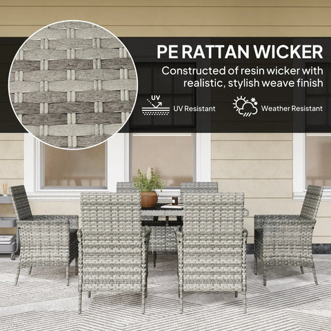 Gray pe rattan wicker outdoor dining set with six chairs and tempered glass table for outdoor dining