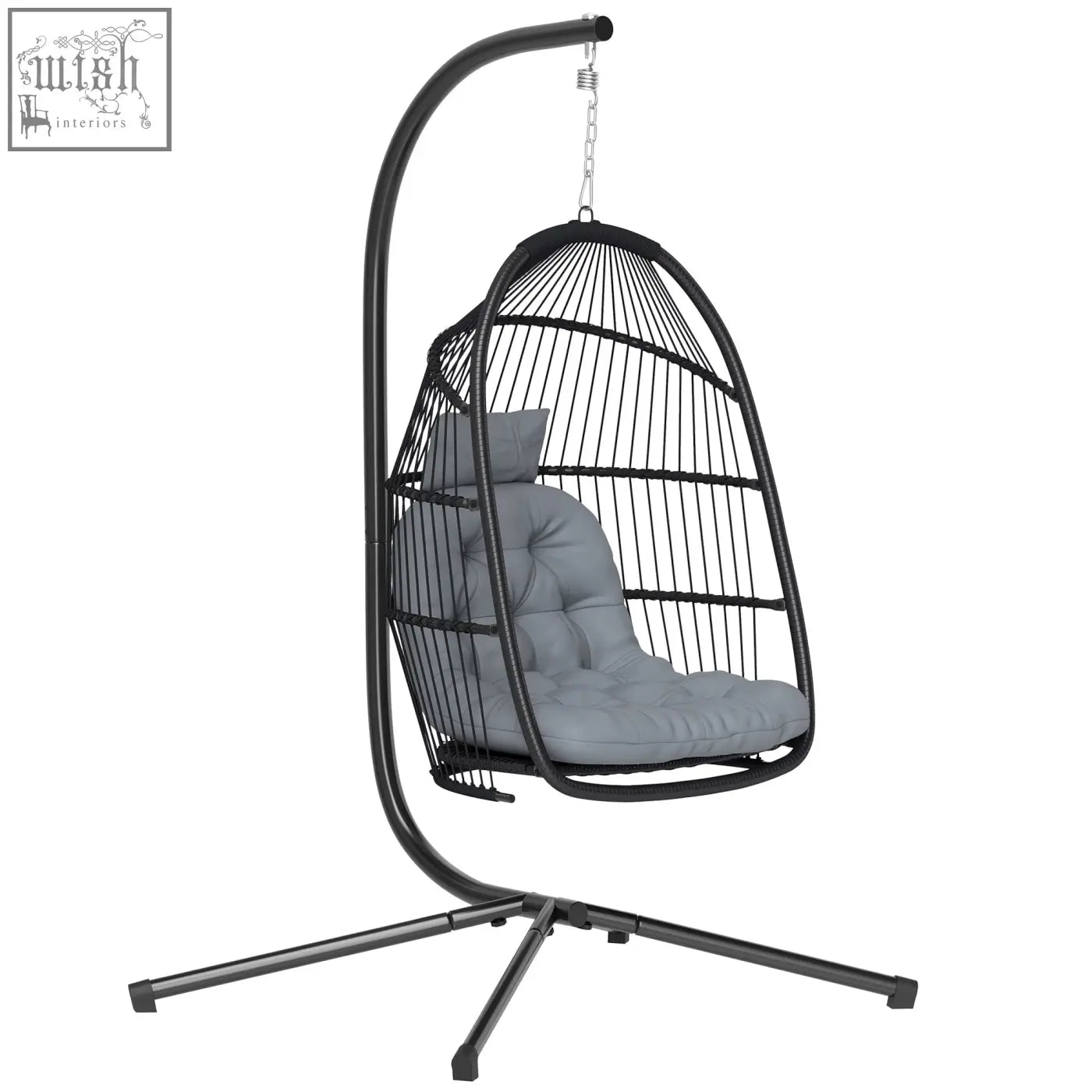 Black wicker rattan swing chair with gray cushion and steel frame foldable hanging egg chair for indoor outdoor use