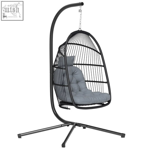Black wicker rattan swing chair with gray cushion and steel frame foldable hanging egg chair for indoor outdoor use