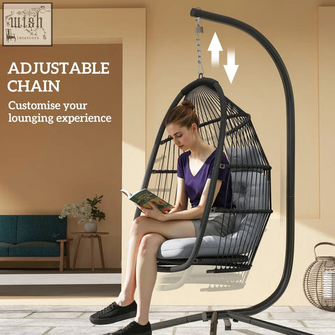 Outsunny dark grey rattan swing chair with steel frame padded cushion and adjustable hanging chain for indoor outdoor use
