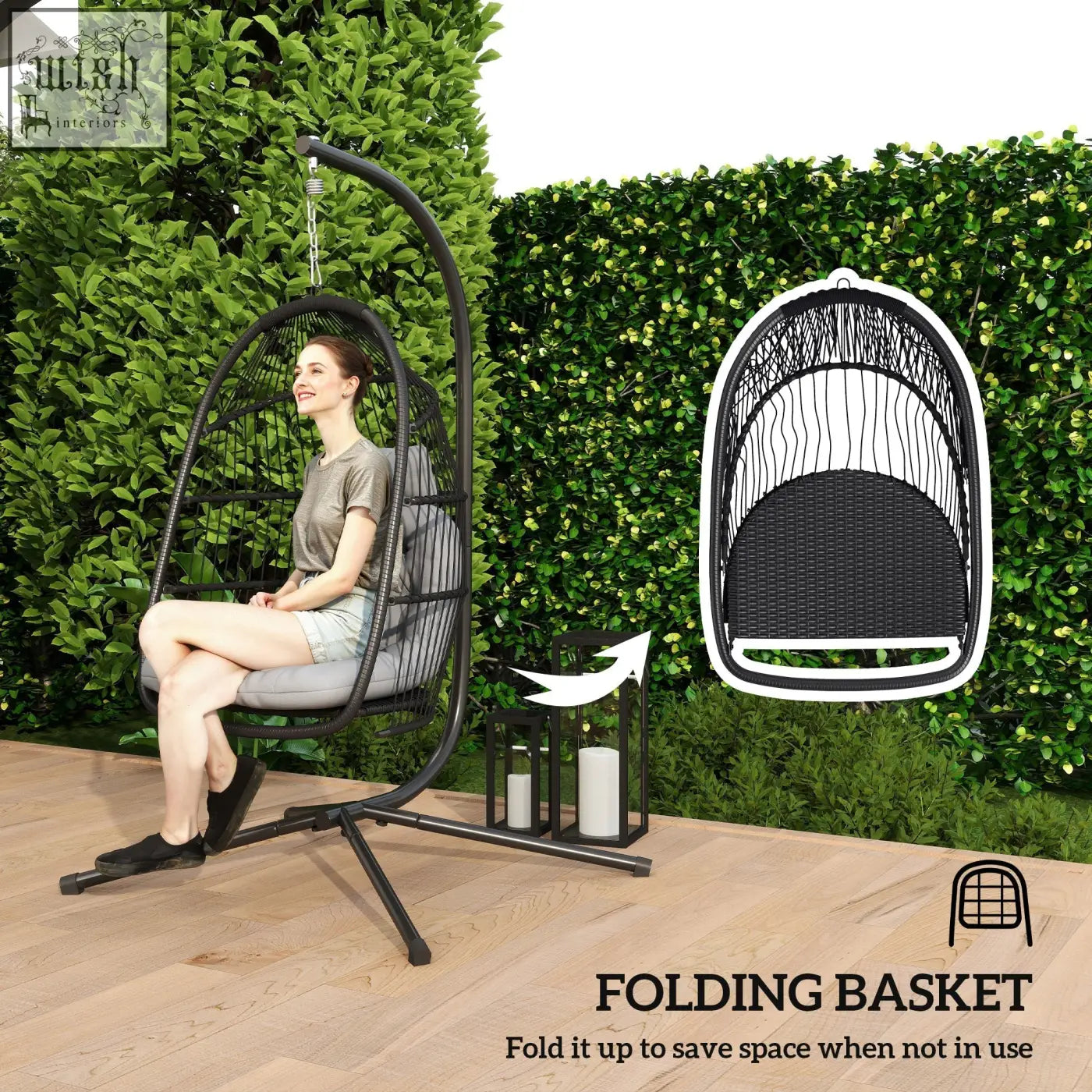 Outsunny rattan swing chair with dark grey cushion and steel frame foldable egg chair for indoor outdoor use