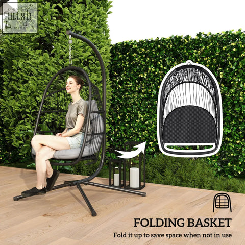 Outsunny rattan swing chair with dark grey cushion and steel frame foldable egg chair for indoor outdoor use