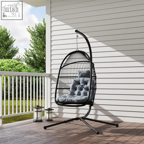 Black wrought iron rattan swing chair with gray tufted cushion steel frame foldable indoor outdoor hammock chair