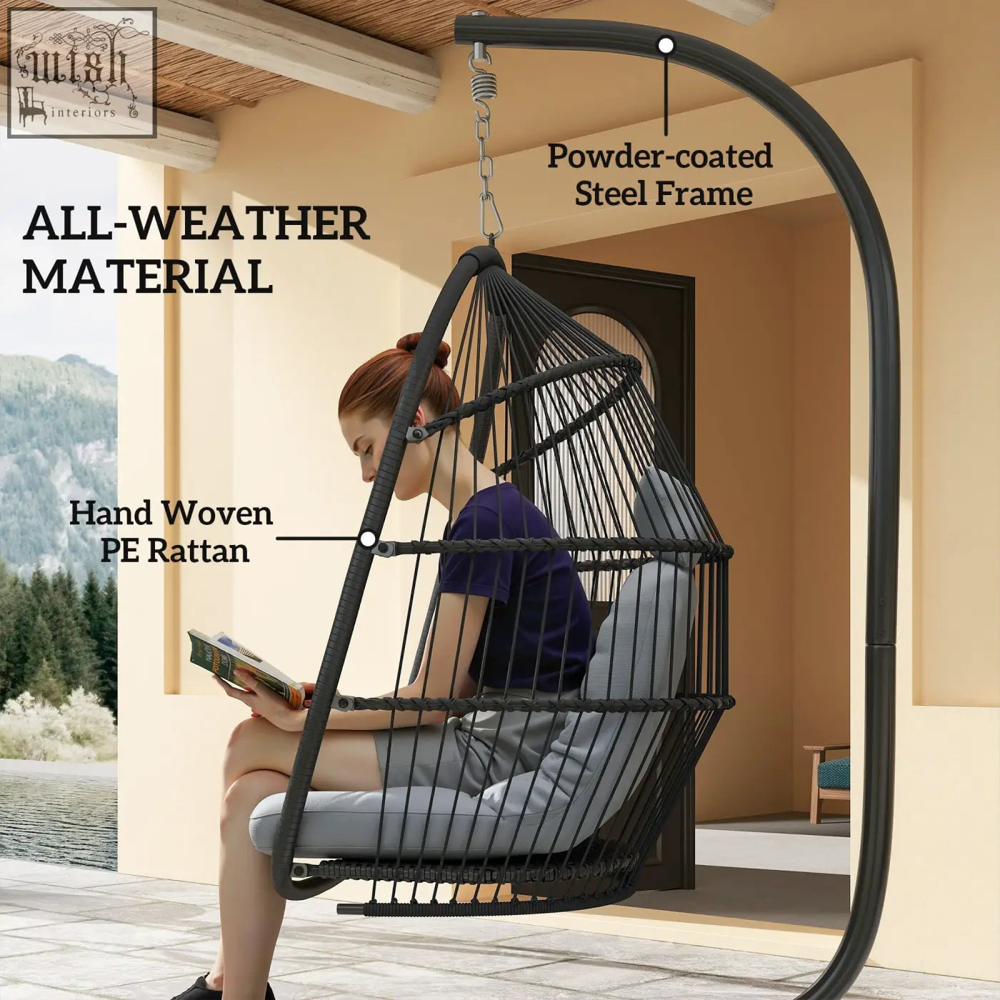 Outsunny rattan swing chair with black hand-woven egg design, steel frame, gray cushion for indoor outdoor use