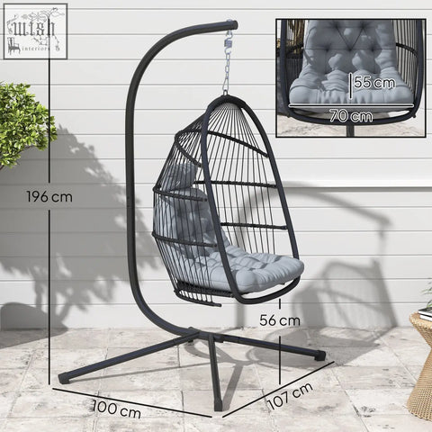 Black metal egg swing chair with gray cushion rattan swing chair with steel frame for indoor outdoor use