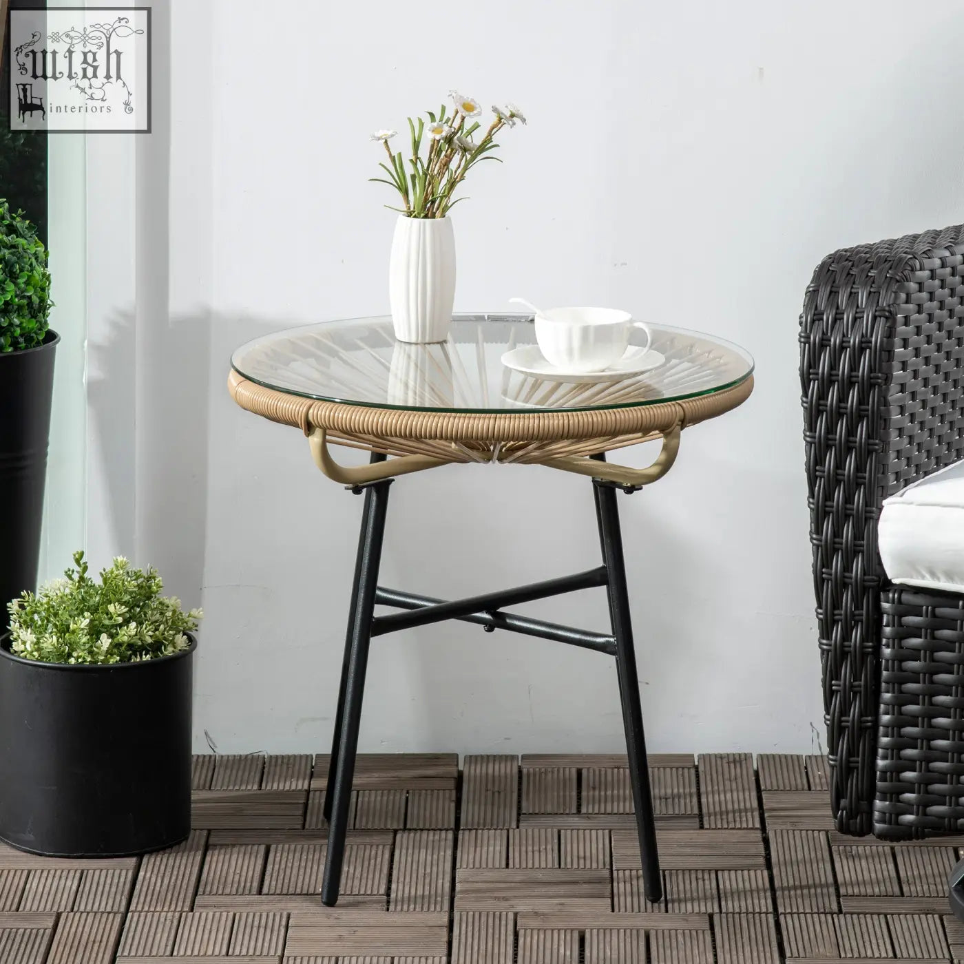Outsunny beige rattan side table with black metal legs and tempered glass table top for patio with protective foot pads